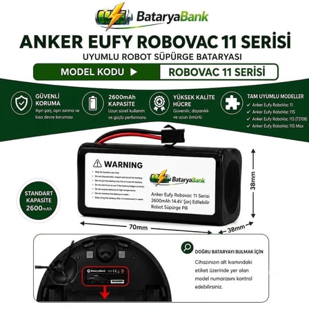 Anker Eufy RoboVac 11 Serisi Uyumlu Robot Süpürge Bataryası 14.4V 2600mAh Li-ion Şarj Edilebilir Pil (11 / 11S / 11S Max / T2108)