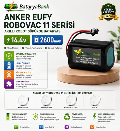 Anker Eufy RoboVac 11 Serisi Uyumlu Robot Süpürge Bataryası 14.4V 2600mAh Li-ion Şarj Edilebilir Pil (11 / 11S / 11S Max / T2108)
