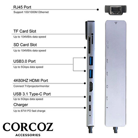Corcoz 8in1 USB Type-C Hub Port Adaptör 4K HDMI USB Ethernet 100W PD Girişli Macbook Çevirici Hub Adaptör - CZ56