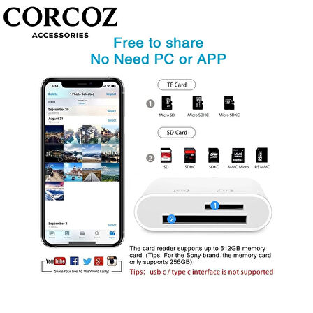 Corcoz Lightning To Sd Card Camera Reader Kablo Iphone Sd Micro Okuyucu Kablo Adaptör - CZ54