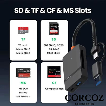 Corcoz 8'i 1 arada Çok Fonksiyonlu SD / TF / CF / MS Yüksek Hızlı Kart Okuyucu USB 3.0 - CZ52