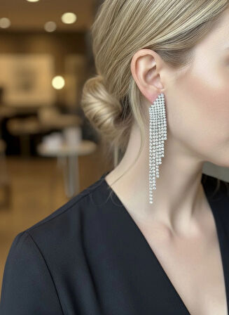 Corcoz Elegans Serisi Göz Alıcı Gümüş Kaplama Cam Elmas Taşlı Sallantı Tasarım Çelik Küpe- CZ129