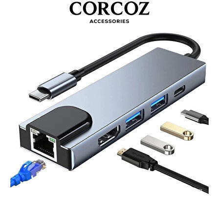 Corcoz Type-C To 2xusb 3.0 4K HDMI Ethernet RJ45 Pd Çevirici Hub Adaptör Metal Gövdeli - CZ55