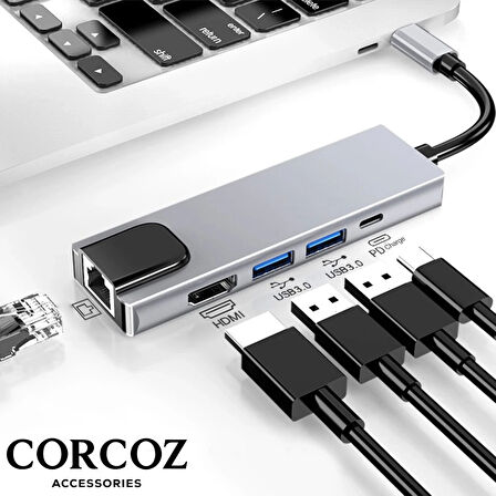 Corcoz Type-C To 2xusb 3.0 4K HDMI Ethernet RJ45 Pd Çevirici Hub Adaptör Metal Gövdeli - CZ55