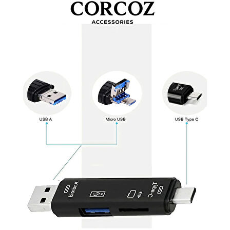 Corcoz 5'i 1 Arada Çok İşlevli USB 3.0 Tip C/USB/Mikro USB/TF/SD Hafıza Kartı Okuyucu OTG Kart Okuyucu - CZ53