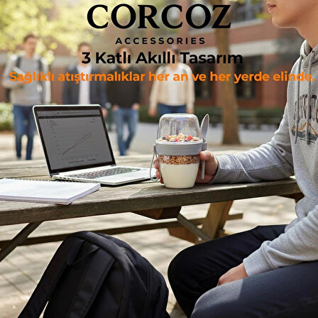 Corcoz Pratik Kaşık Çatallı Müsli Yoğurt Yulaf Salata ve Atıştırma Kabı 600 ML CZ114