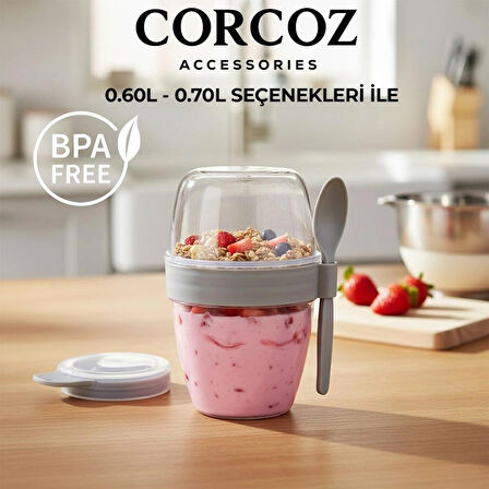 Corcoz Pratik Kaşık Çatallı Müsli Yoğurt Yulaf Salata ve Atıştırma Kabı 600 ML CZ114