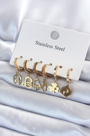 316L Çelik Gold Renk Çoklu Figür Model Kadın Küpe Seti