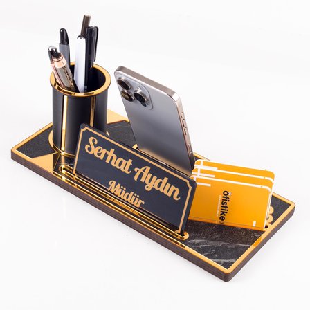 Lora Gold Renk Ahşap Masa Organizeri Mermer Desenli Hediye Ofis Dekoratif Masa üstü İsimlik 