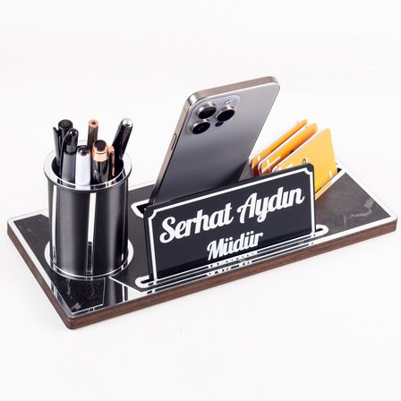 Lora Gümüş Renk Ahşap Masa Organizeri Mermer Desenli Hediye Ofis Dekoratif Masa üstü İsimlik 