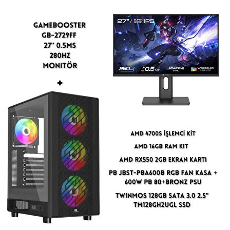 LYSERG PB A600B RGB Kasa Amd Ryzen 4700S 16 GB 128 GB SSD RX550 2 GB  W11 Pro + GB 27" Monitör 