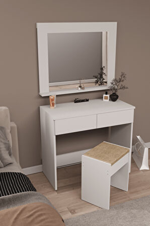 DF02109B Aynalı Puflu Beyaz Makyaj Masası