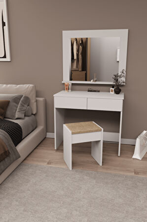 DF02109B Aynalı Puflu Beyaz Makyaj Masası