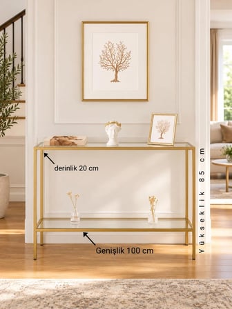  Teknor Gold Metal Gövdeli Şeffaf Camlı Dekoratif Konsol Dresuar 100 20 85 Cm