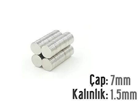 Neodyum Mıknatıs Silindir Çap 7mm , Kalınlık 1.5mm   ( 20 Adet)