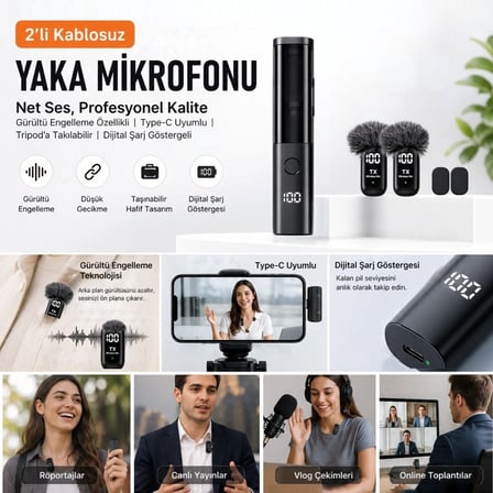 Kararlı Ticaret® 2'li Kablosuz Yaka Mikrofonu, Type-C Uyumlu, Gürültü Engelleme Özellikli ve Tripod'a Takılabilir Dijital Şarj Göstergeli Telefon Mikr