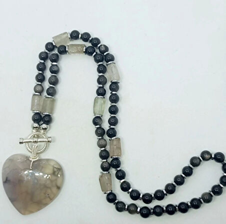 1899 Kalp Akik gümüş Obsidyen el yapımı kolye