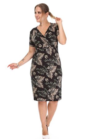 Desenli Kruvaze Yaka Büyük Beden Elbise 18B-1225