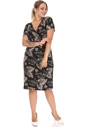 Desenli Kruvaze Yaka Büyük Beden Elbise 18B-1225