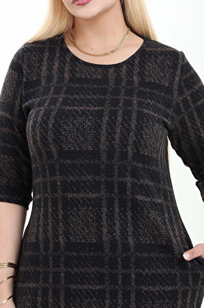 Çift Cepli Desenli Esnek Kışlık Büyük Beden Midi Elbise 18B-2738