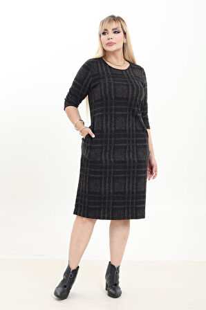 Çift Cepli Desenli Esnek Kışlık Büyük Beden Midi Elbise 18B-2738