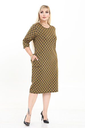 Çift Cepli Desenli Esnek Kışlık Büyük Beden Midi Elbise 18E-2729