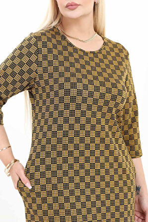 Çift Cepli Desenli Esnek Kışlık Büyük Beden Midi Elbise 18E-2729