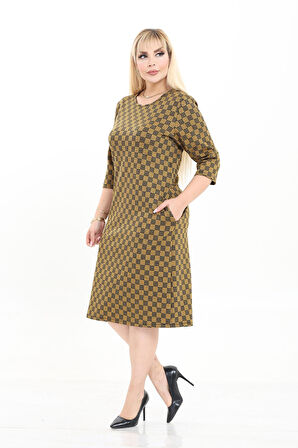 Çift Cepli Desenli Esnek Kışlık Büyük Beden Midi Elbise 18E-2729