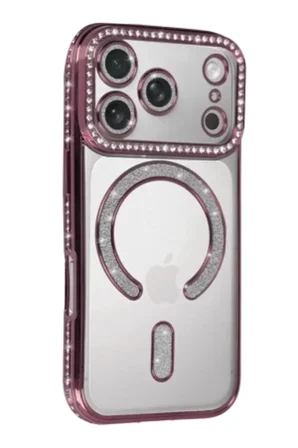 iPhone 18 Pro Max Kılıf M-Safe Şarj Özellikli Simli Taşlı Azn-JokeTaşlı