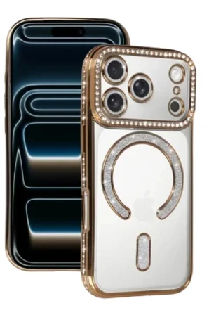 iPhone 18 Pro Max Kılıf M-Safe Şarj Özellikli Simli Taşlı Azn-JokeTaşlı