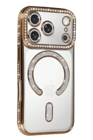 iPhone 18 Pro Max Kılıf M-Safe Şarj Özellikli Simli Taşlı Azn-JokeTaşlı