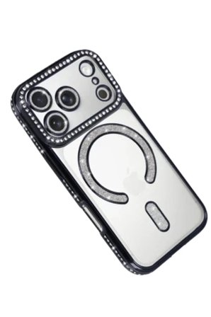 iPhone 18 Pro Max Kılıf M-Safe Şarj Özellikli Simli Taşlı Azn-JokeTaşlı