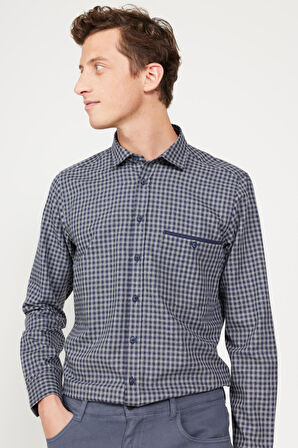 Erkek Lacivert-Gri Slim Fit Dar Kesim Klasik Yaka Kareli Gömlek