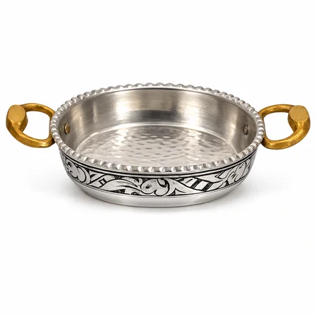 Copper Empire 18 cm Gümüş Kaplama Bakır Sahan – Kalaylı Pirinç Kulplu Menemen Omlet Şakşuka Tavası
