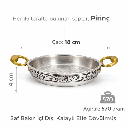 Copper Empire 18 cm Gümüş Kaplama Bakır Sahan – Kalaylı Pirinç Kulplu Menemen Omlet Şakşuka Tavası