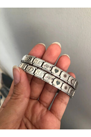 İtalyan Charm Çelik Bileklik 6 adet İstediğini Yazdır Fotoğraf Tarih Harf 2 li Sevgili Bileklik