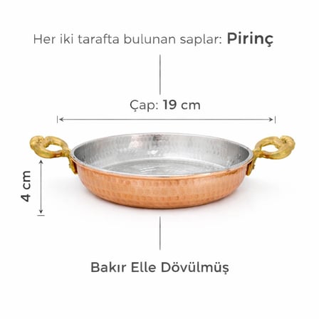 Copper Empire 19 cm El Dövmesi Bakır Sahan Kalaylı Çift Pirinç Kulplu Tava