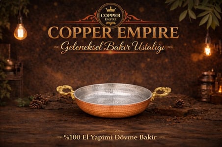 Copper Empire 19 cm El Dövmesi Bakır Sahan Kalaylı Çift Pirinç Kulplu Tava