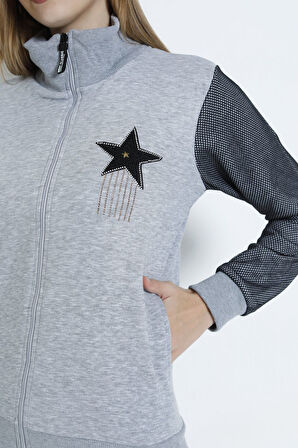 Kadın Uzun Kollu Fermuarlı Taş Detaylı Hırka