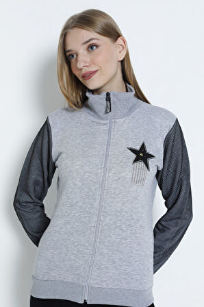 Kadın Uzun Kollu Fermuarlı Taş Detaylı Hırka