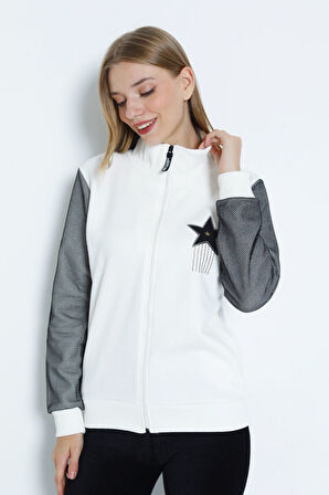 Kadın Uzun Kollu Fermuarlı Taş Detaylı Hırka