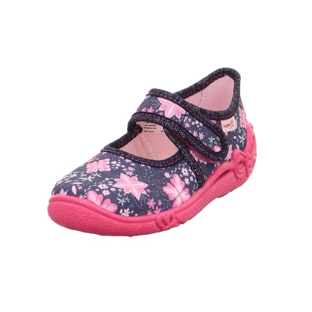 Superfit Belinda Kız Çocuk Ev Kreş Ayakkabısı Çiçek Desenli - Lacivert Pembe 800288-8100