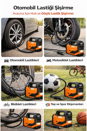 12V Araç Çakmak Girişli 150 PSI Dijital Lastik Şişirme Pompası LED Işıklı Taşınabilir Kompresör