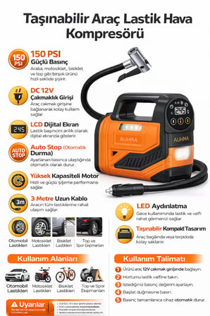 12V Araç Çakmak Girişli 150 PSI Dijital Lastik Şişirme Pompası LED Işıklı Taşınabilir Kompresör