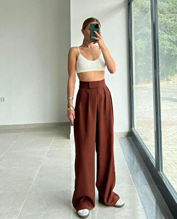 KAHVERENGİ CIRTLI KADIN PALAZZO PANTALON