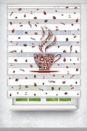 Kahve Ve Fincan Baskılı Perde - Coffee Cup - Mutfak Perdesi - Baskılı Zebra Perde