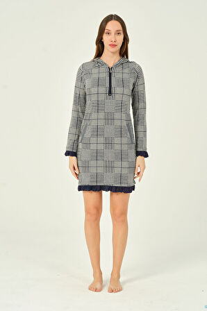 Kadın Ekoseli Dantelli Fermuarlı Cepli Pamuklu Ofis Elbisesi