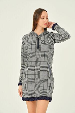 Kadın Ekoseli Dantelli Fermuarlı Cepli Pamuklu Ofis Elbisesi