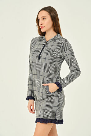 Kadın Ekoseli Dantelli Fermuarlı Cepli Pamuklu Ofis Elbisesi