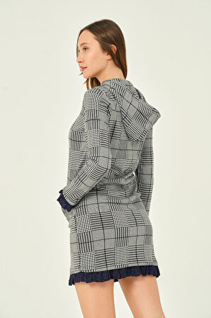 Kadın Ekoseli Dantelli Fermuarlı Cepli Pamuklu Ofis Elbisesi